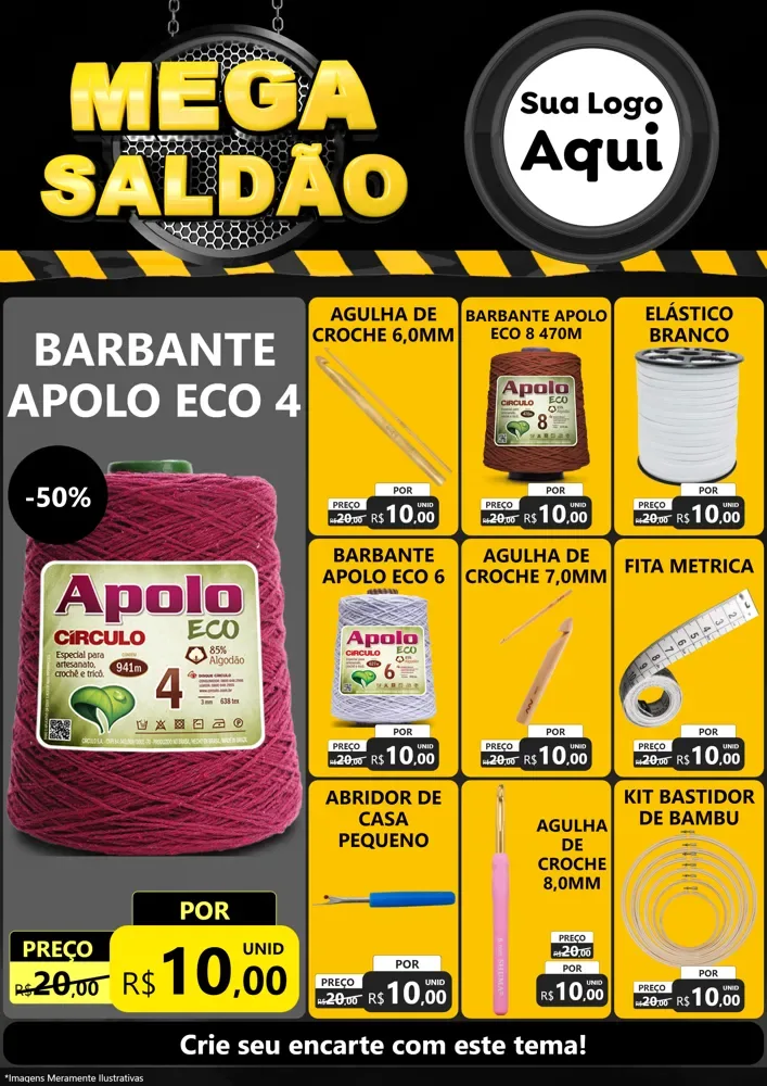 Modelo de Encarte para Encarte A4 Vertical com o tema Mega Saldão para Armarinho e Aviamentos