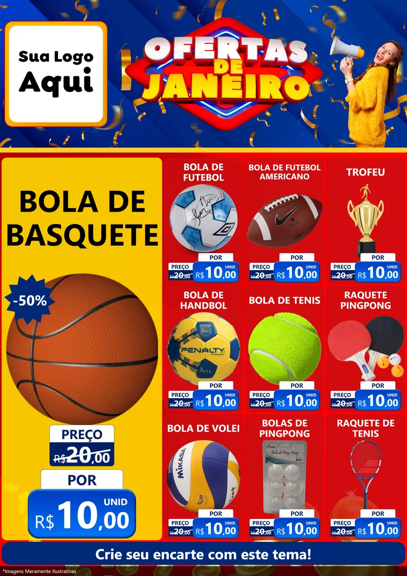 Modelo de Encarte para Encarte A4 Vertical com o tema Ofertas de Janeiro para Artigos Esportivos