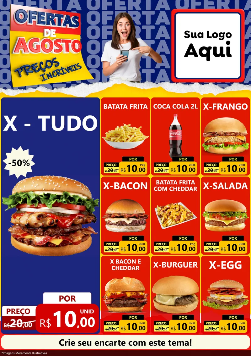 Modelo de Encarte para Encarte A4 Vertical com o tema Ofertas de Agosto - Preços Incríveis para Hamburgueria