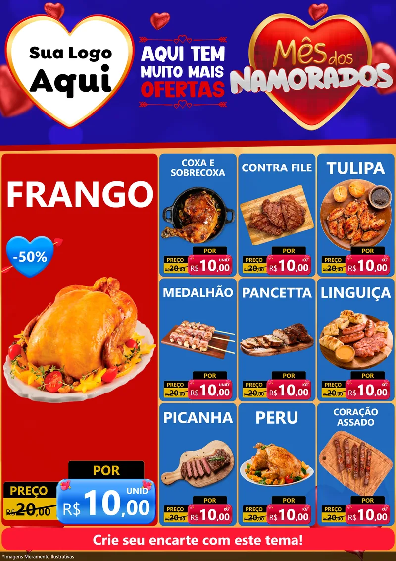Modelo de Encarte para Encarte A4 Vertical com o tema Mês dos Namorados para Assados
