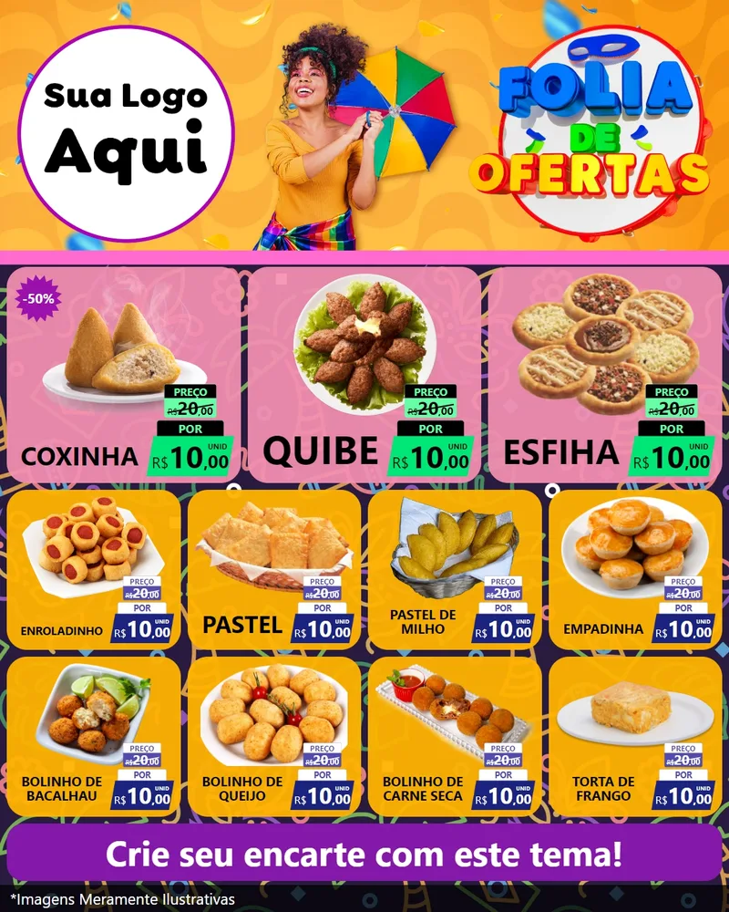 Modelo de Rede Social para Feed Instagram com o tema Folia de Ofertas para Salgadaria