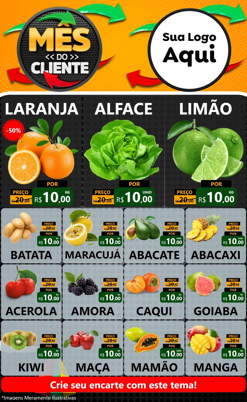 Modelo de Encarte para Encarte Grande com o tema Mês do Cliente para Hortifrúti
