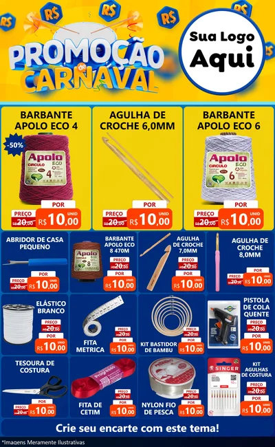 Modelo de Encarte para Encarte Grande com o tema Promoção de Carnaval para Armarinho e Aviamentos
