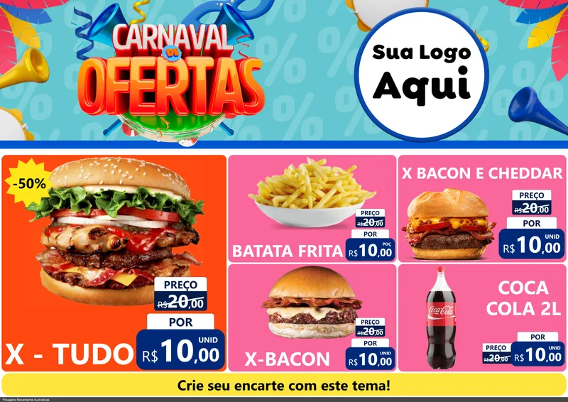Modelo de Encarte para Encarte A4 Horizontal com o tema Carnaval de Ofertas para Hamburgueria