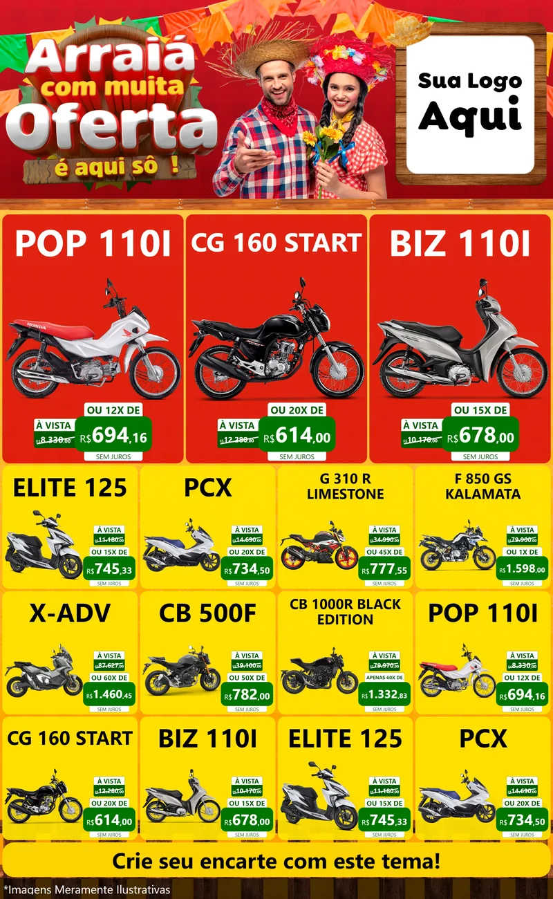 Modelo de Encarte para Encarte Grande com o tema Arraiá Com Muita Oferta - É Aqui Sô! para Concessionaria de Motos