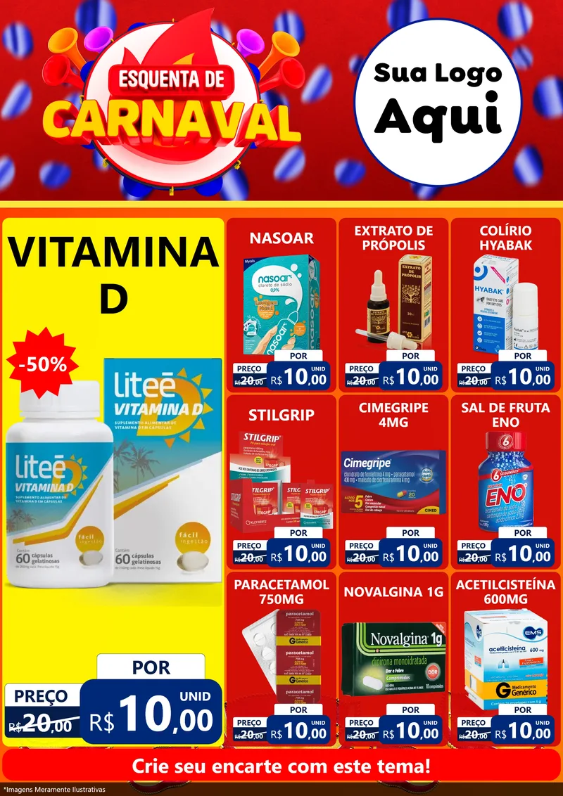 Modelo de Encarte para Encarte A4 Vertical com o tema Esquenta de Carnaval para Farmácia