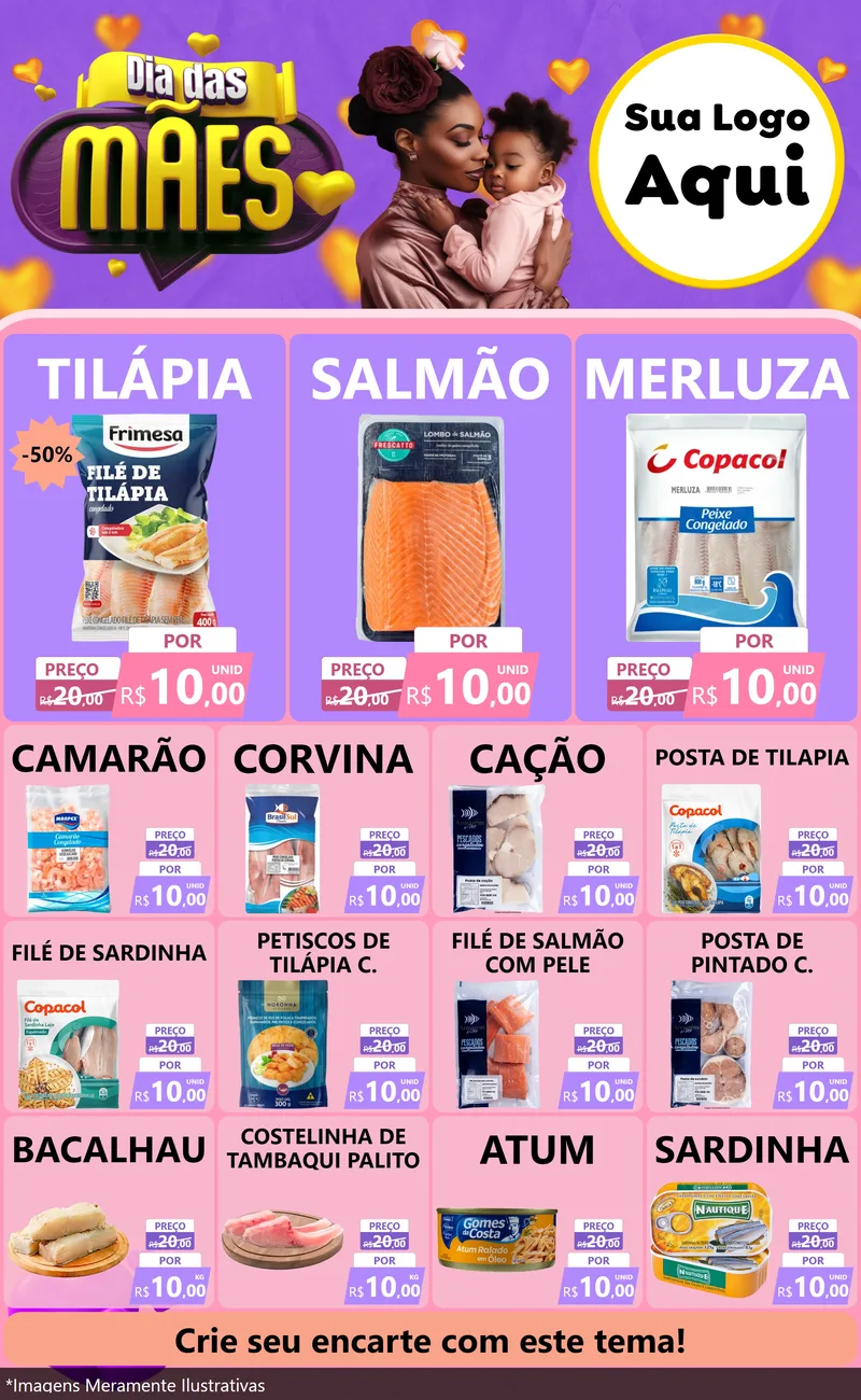 Modelo de Encarte para Encarte Grande com o tema Dia das Mães para Peixaria