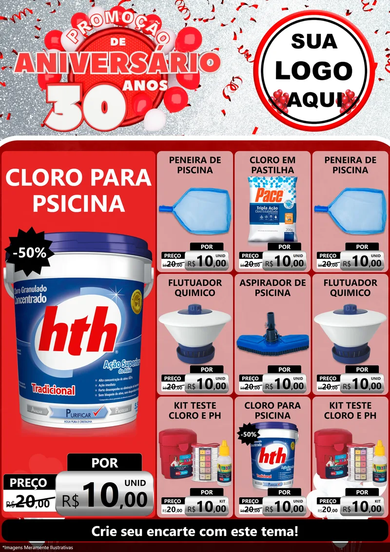 Modelo de Encarte para Encarte A4 Vertical com o tema Promoção de Aniversário - 30 Anos para Produtos para Piscina