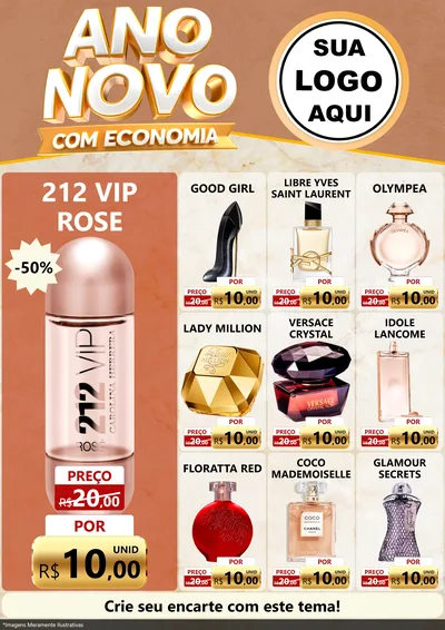 Modelo de Encarte para Encarte A4 Vertical com o tema Ano Novo Com Economia para Perfumes