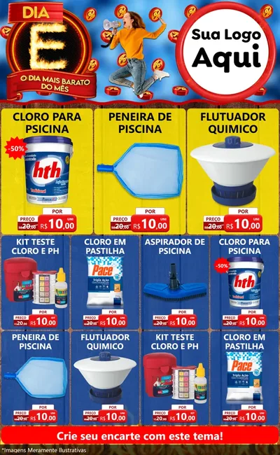 Modelo de Encarte para Encarte Grande com o tema Dia E - O Dia Mais Barato Do Mês para Produtos para Piscina