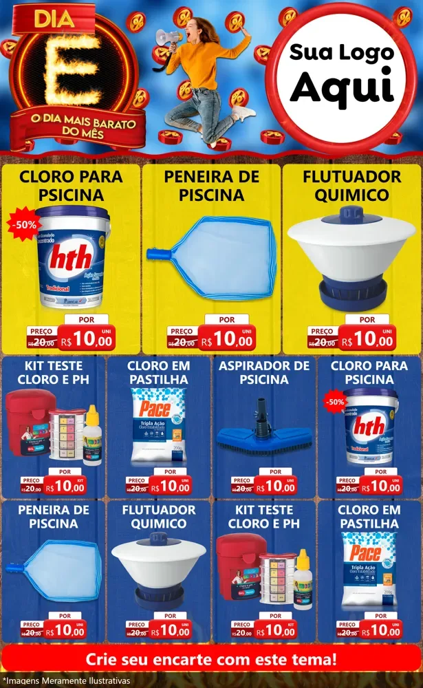 Modelo de Encarte para Encarte Grande com o tema Dia E - O Dia Mais Barato Do Mês para Produtos para Piscina