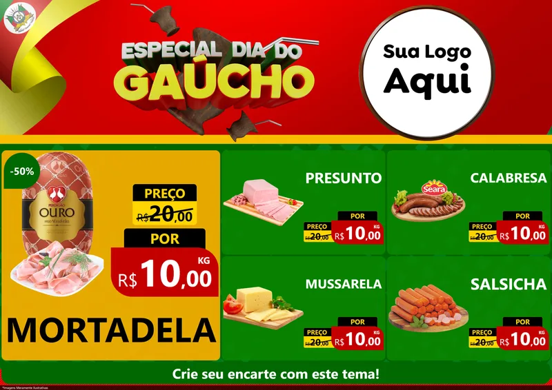 Modelo de Encarte para Encarte A4 Horizontal com o tema Especial Dia do Gaúcho para Frios e Laticínios