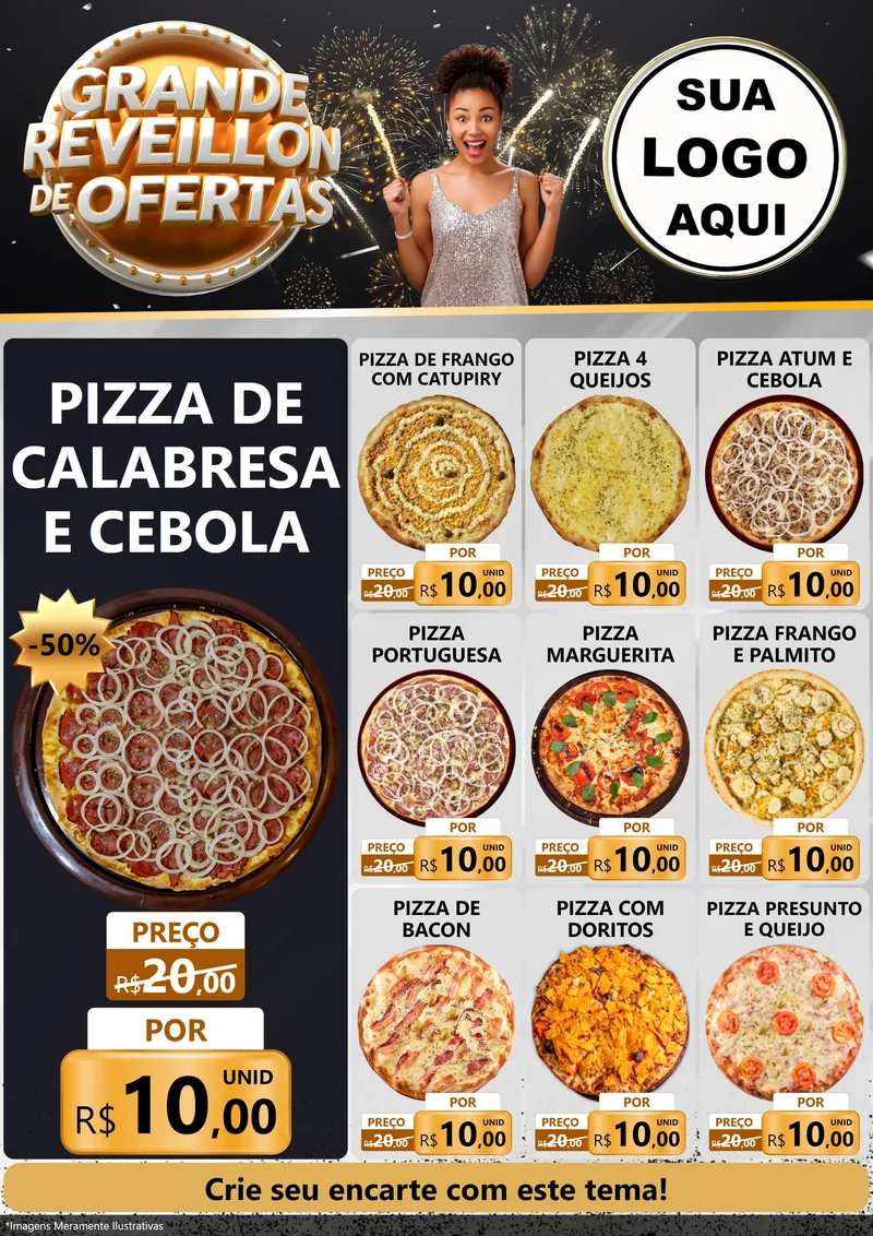 Modelo de Encarte para Encarte A4 Vertical com o tema Grande Réveillon de Ofertas para Pizzaria