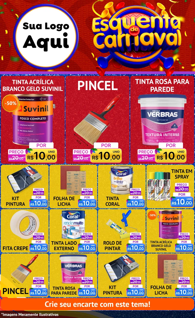 Modelo de Encarte para Encarte Grande com o tema Esquenta de Carnaval para Tintas e Ferramentas