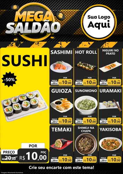 Modelo de Encarte para Encarte A4 Vertical com o tema Mega Saldão para Comida japonesa