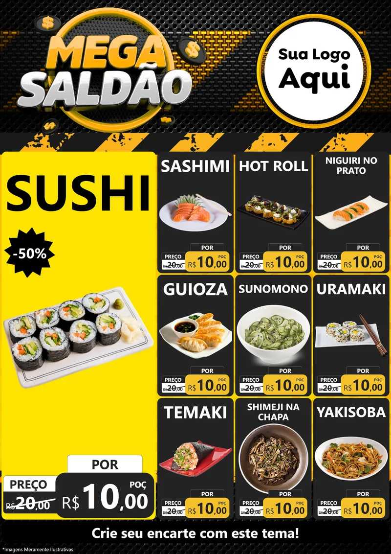 Modelo de Encarte para Encarte A4 Vertical com o tema Mega Saldão para Comida japonesa