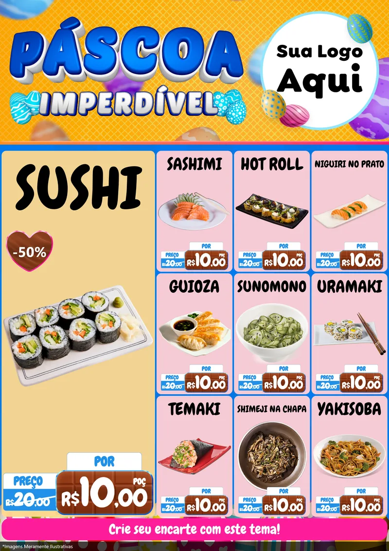 Modelo de Encarte para Encarte A4 Vertical com o tema Páscoa Imperdível para Comida japonesa