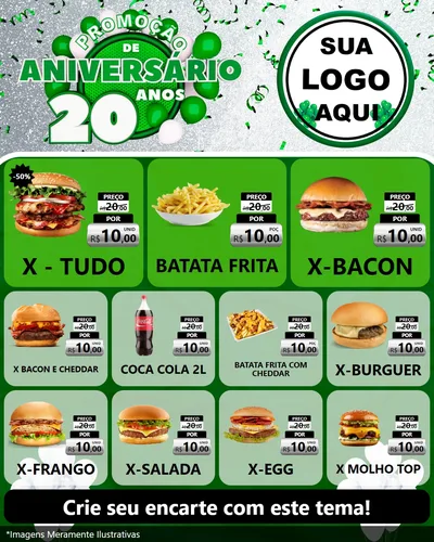Modelo de Rede Social para Feed Instagram com o tema Promoção de Aniversário - 20 Anos para Hamburgueria