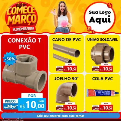 Modelo de Rede Social para Feed Facebook com o tema Comece Março Economizando para Tubos e conexões