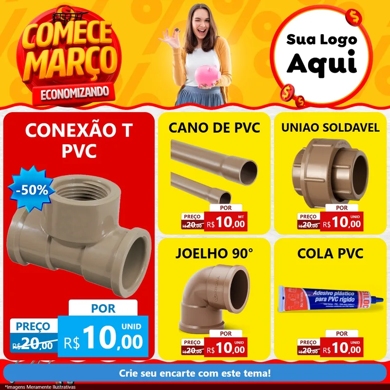 Modelo de Rede Social para Feed Facebook com o tema Comece Março Economizando para Tubos e conexões