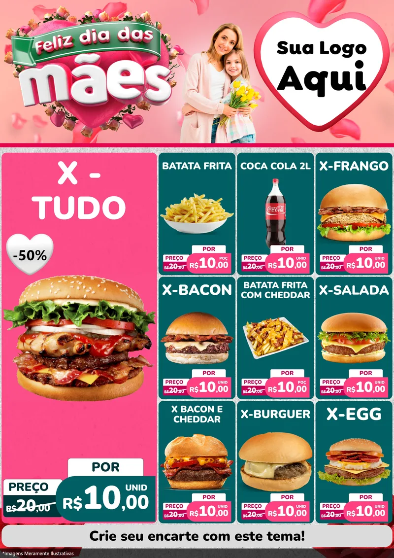 Modelo de Encarte para Encarte A4 Vertical com o tema Feliz Dia das Mães para Hamburgueria