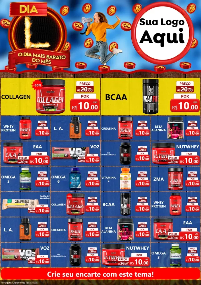 Modelo de Encarte para Encarte A4 Vertical com o tema Dia L - O Dia Mais Barato Do Mês para Suplementos alimentares