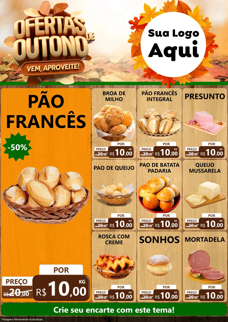 Modelo de Encarte para Encarte A4 Vertical com o tema Ofertas de Outono - Vem, Aproveite! para Padaria