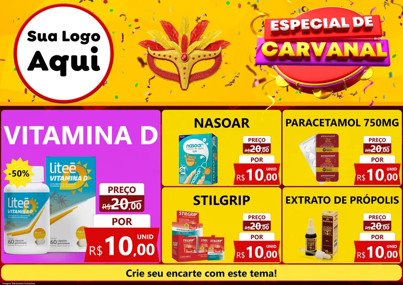 Modelo de Encarte para Encarte A4 Horizontal com o tema Especial de Carnaval para Farmácia