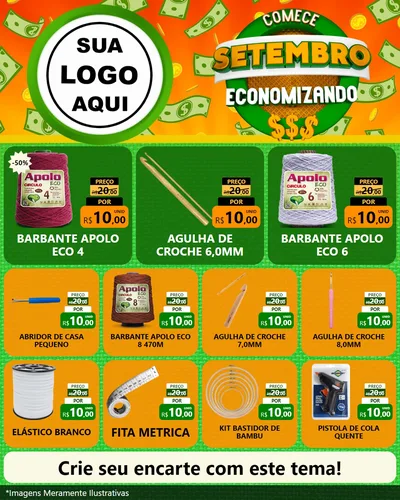 Modelo de Rede Social para Feed Instagram com o tema Comece Setembro Economizando para Armarinho e Aviamentos