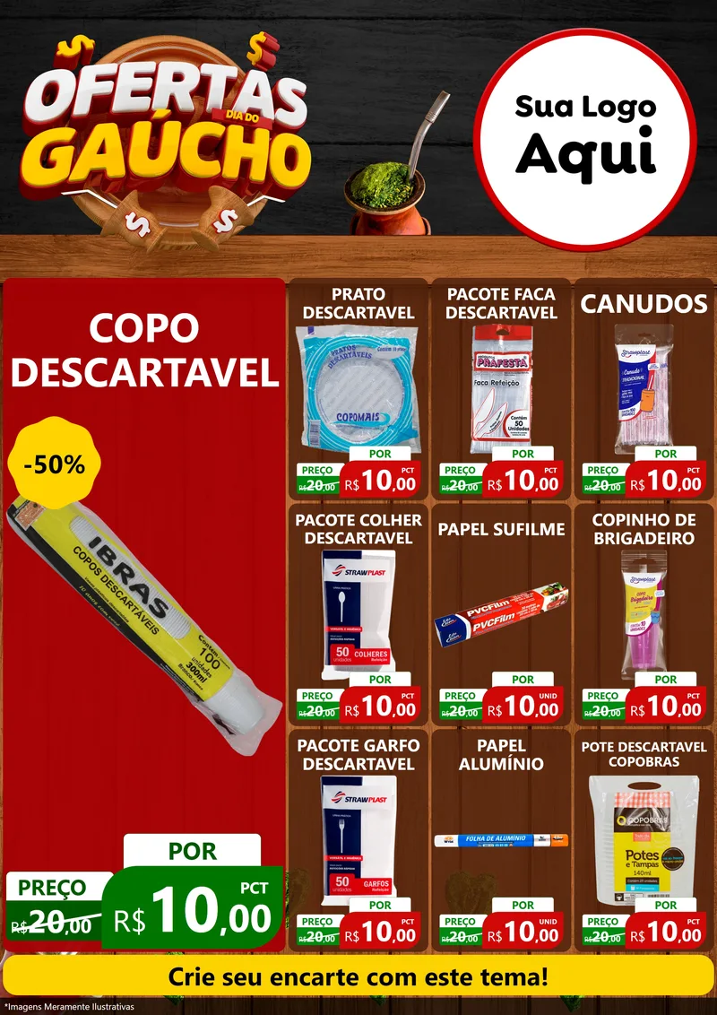 Modelo de Encarte para Encarte A4 Vertical com o tema Ofertas Dia do Gaúcho para Embalagens