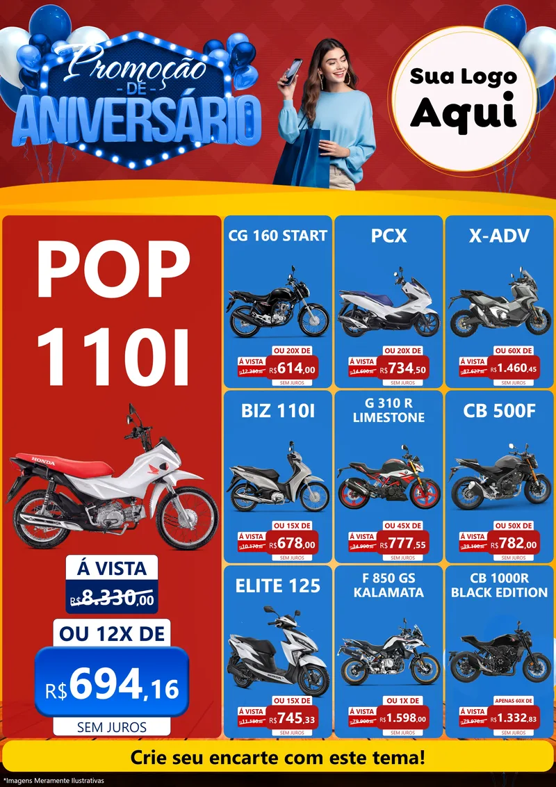 Modelo de Encarte para Encarte A4 Vertical com o tema Promoção de Aniversário para Concessionaria de Motos