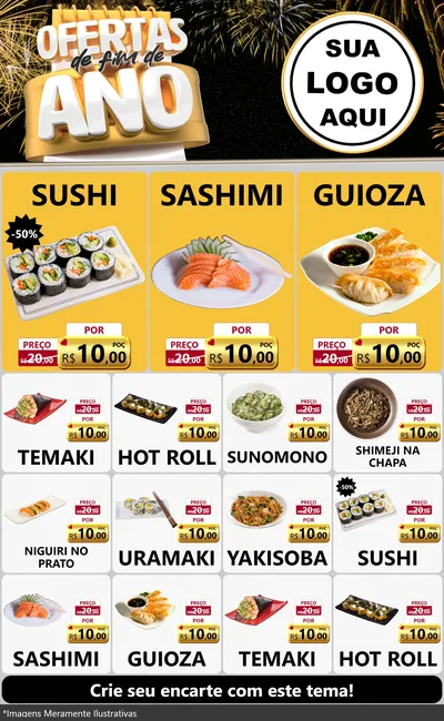 Modelo de Encarte para Encarte Grande com o tema Ofertas de Fim de Ano para Comida japonesa