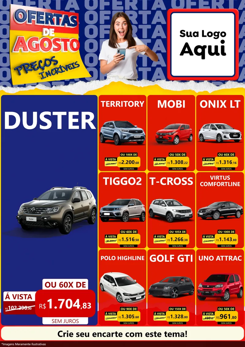 Modelo de Encarte para Encarte A4 Vertical com o tema Ofertas de Agosto - Preços Incríveis para Concessionaria de Carros