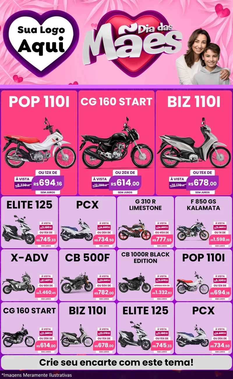 Modelo de Encarte para Encarte Grande com o tema Dia das Mães para Concessionaria de Motos
