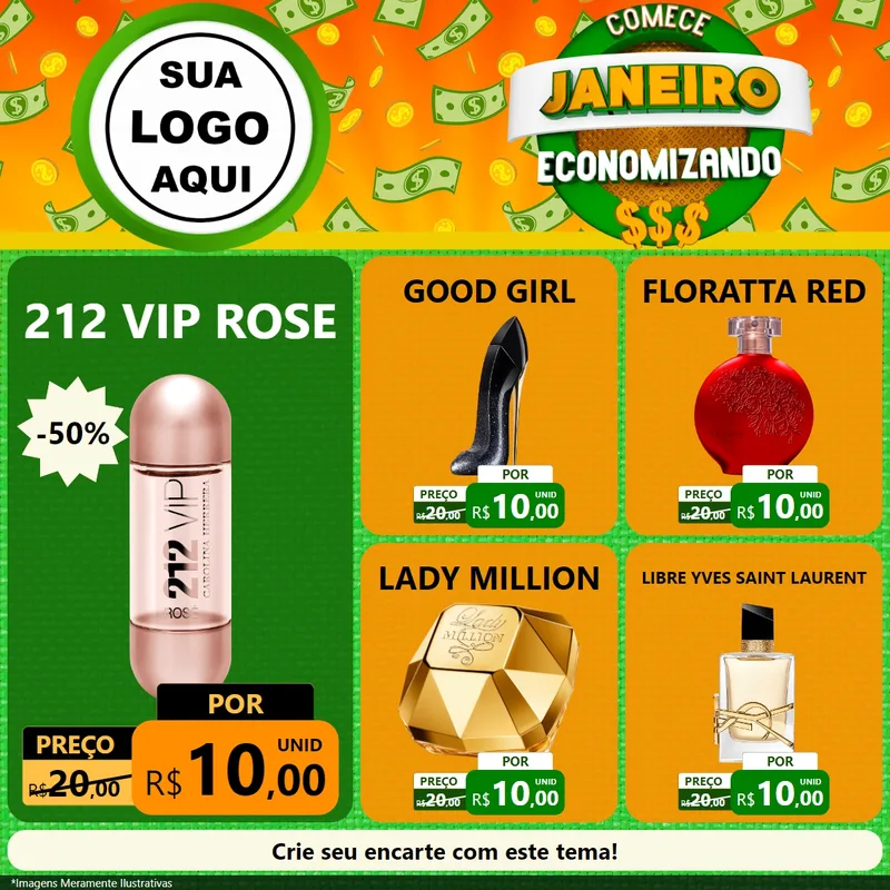 Modelo de Rede Social para Feed Facebook com o tema Comece Janeiro Economizando para Perfumes