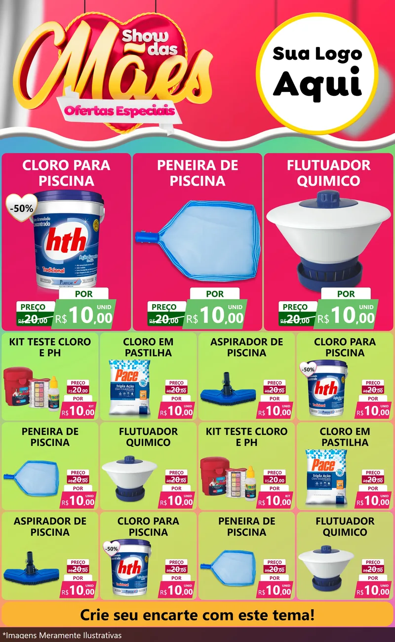 Modelo de Encarte para Encarte Grande com o tema Show das Mães - Ofertas Especiais para Produtos para Piscina