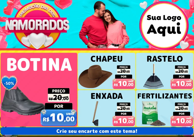 Modelo de Encarte para Encarte A4 Horizontal com o tema Promoção Dia dos Namorados para Agropecuária
