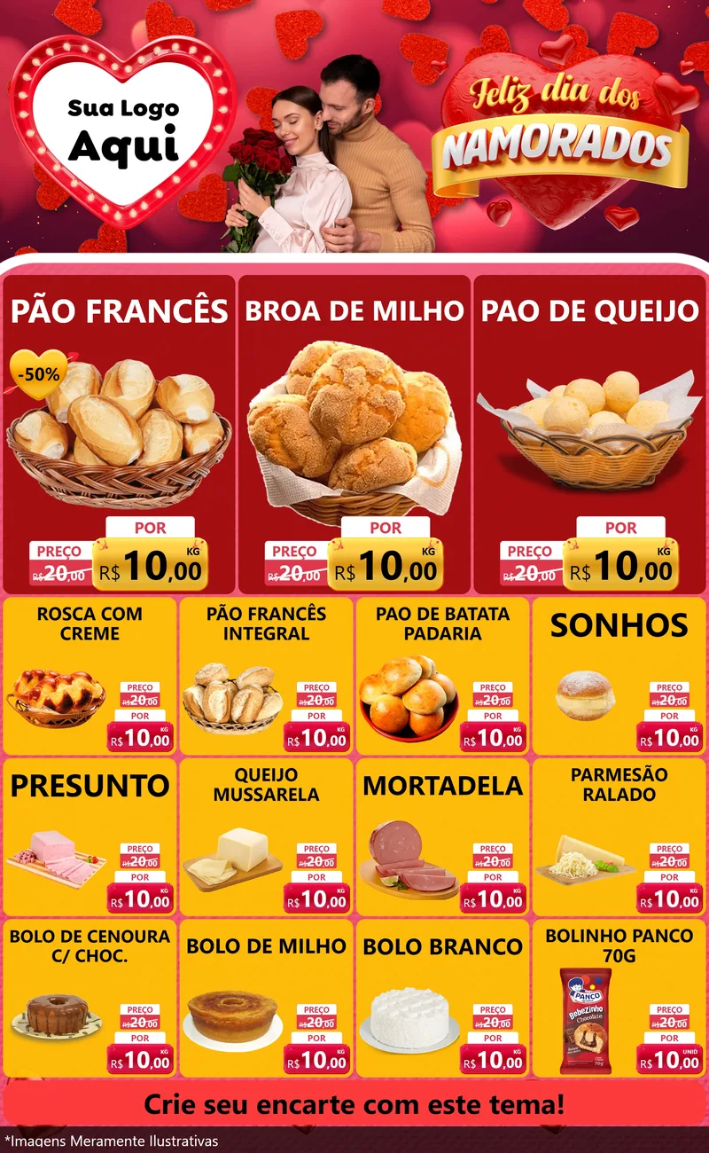 Modelo de Encarte para Encarte Grande com o tema Feliz Dia Dos Namorados para Padaria