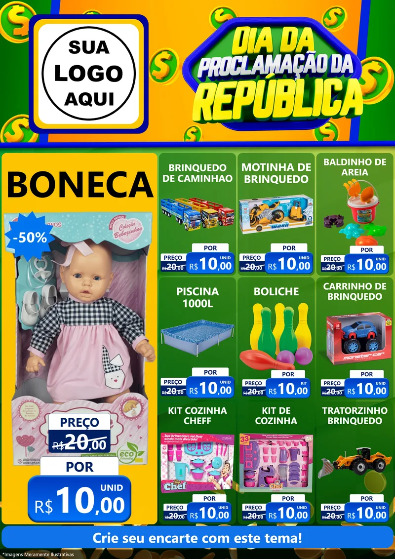 Modelo de Encarte para Encarte A4 Vertical com o tema Dia Da Proclamação da República para Brinquedos