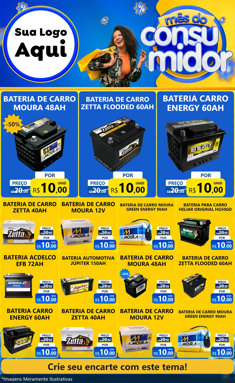Modelo de Encarte para Encarte Grande com o tema Mês do Consumidor para Baterias Elétricas