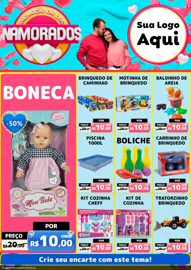 Modelo de Encarte para Encarte A4 Vertical com o tema Promoção Dia dos Namorados para Brinquedos