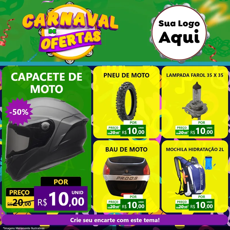 Modelo de Rede Social para Feed Facebook com o tema Carnaval de Ofertas para Moto peças