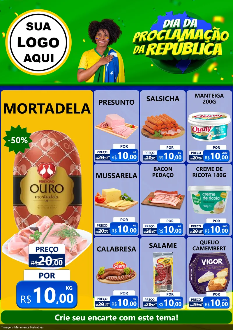 Modelo de Encarte para Encarte A4 Vertical com o tema Dia Da Proclamação Da República para Frios e Laticínios