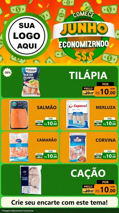 Modelo de TV para TV Vertical com o tema Comece Junho Economizando para Peixaria