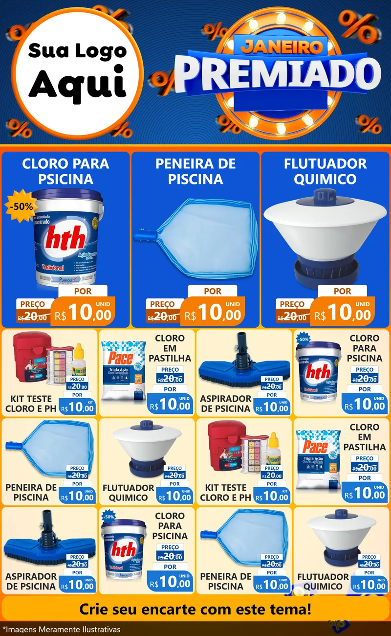 Modelo de Encarte para Encarte Grande com o tema Janeiro Premiado para Produtos para Piscina
