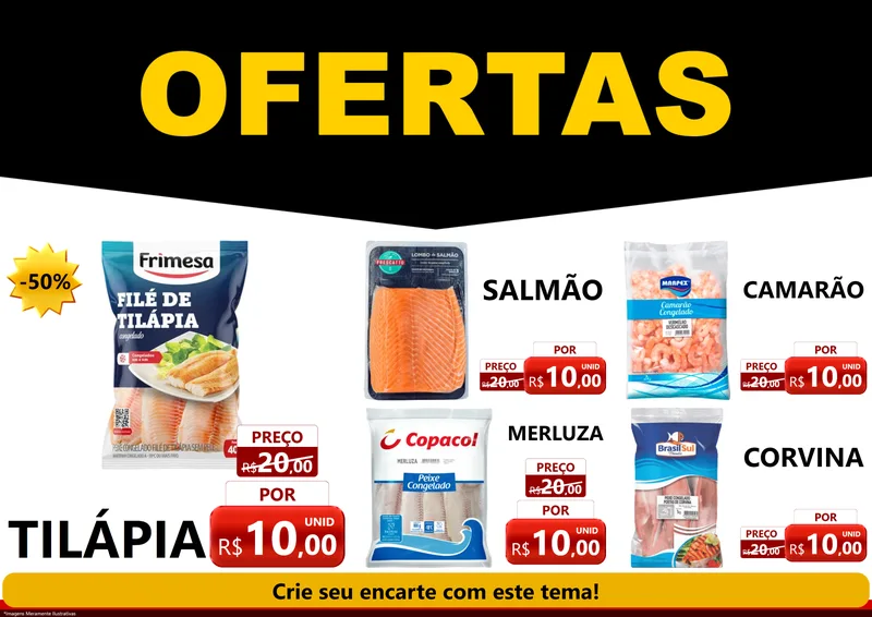 Modelo de Encarte para Encarte A4 Horizontal com o tema Ofertas Preto e Vermelho Cartaz para Peixaria