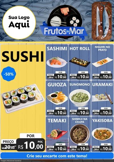 Modelo de Encarte para Encarte A4 Vertical com o tema Frutos do Mar para Comida japonesa