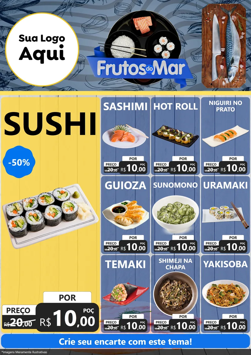 Modelo de Encarte para Encarte A4 Vertical com o tema Frutos do Mar para Comida japonesa