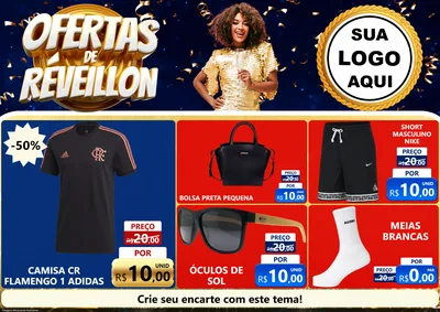 Modelo de Encarte para Encarte A4 Horizontal com o tema Ofertas de Réveillon para Roupas e acessórios