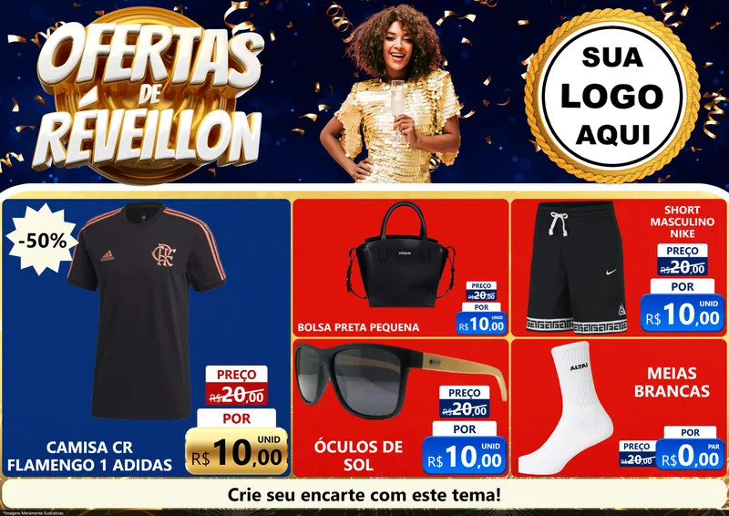 Modelo de Encarte para Encarte A4 Horizontal com o tema Ofertas de Réveillon para Roupas e acessórios